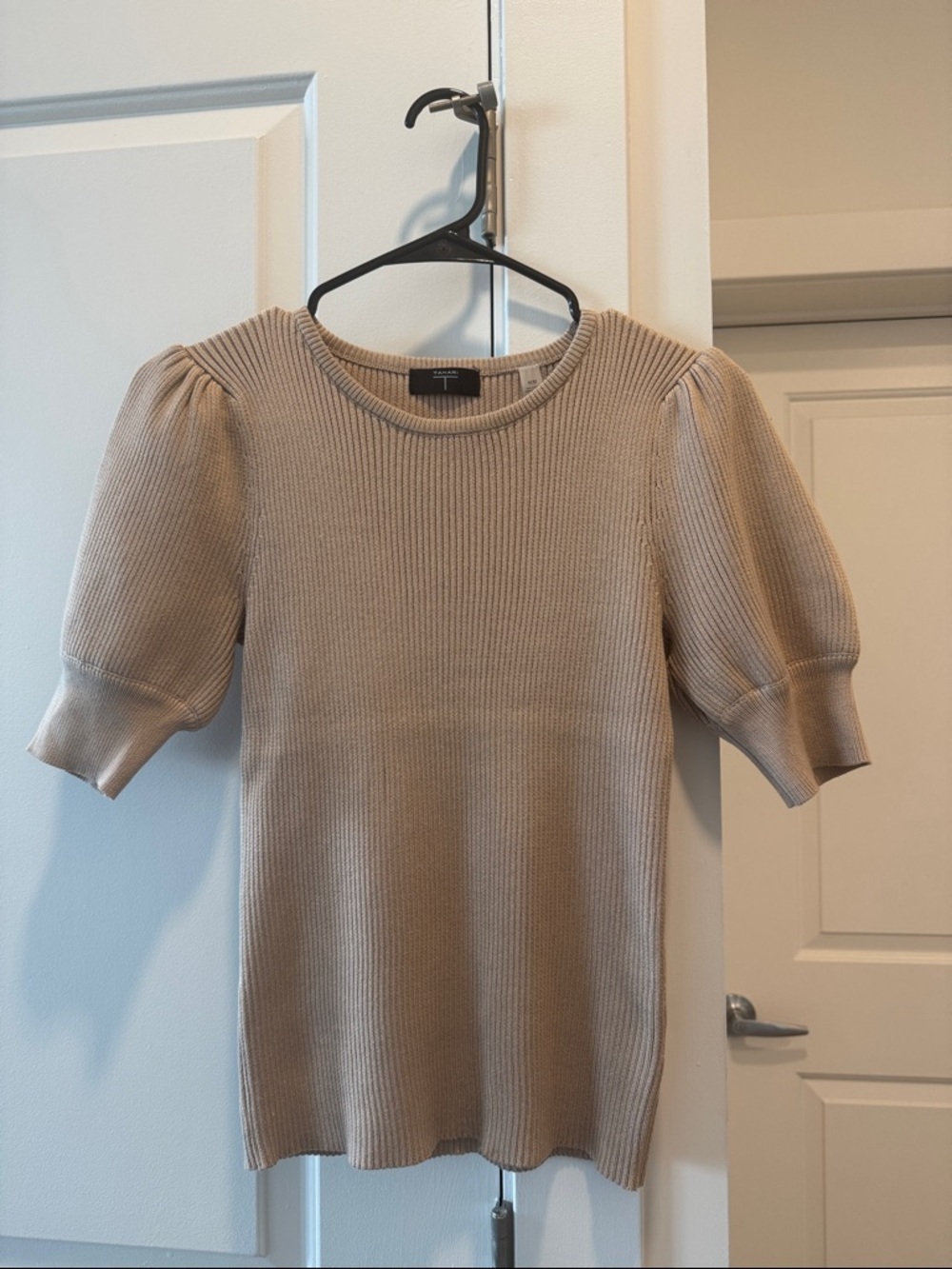 Tahari Neutral Ribbed Crewneck Top with Subtle Puff Sleeves